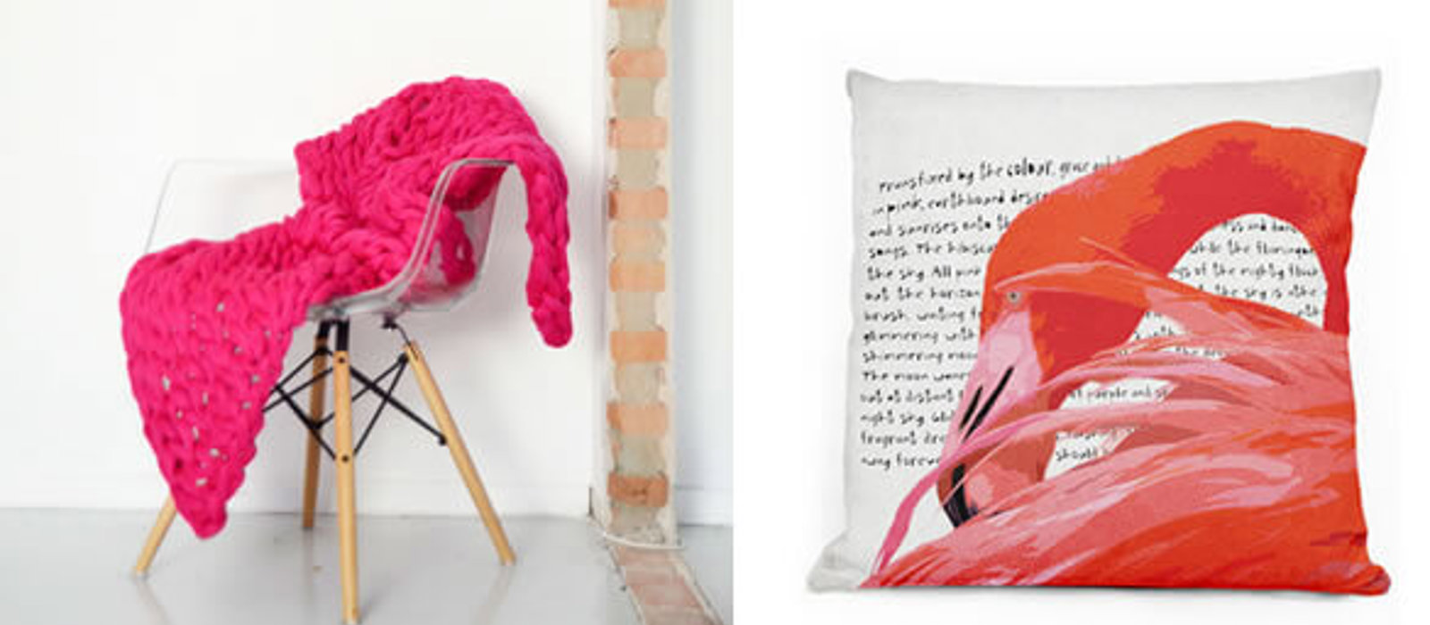 flamingo cushion and a pink blanket resting on a chair