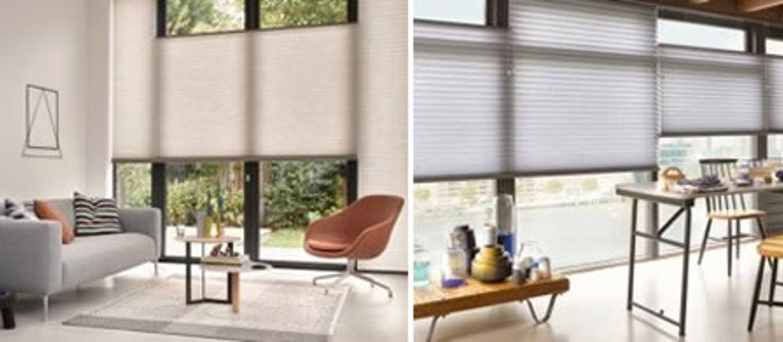 Duette smart blinds in a living room and and kitchen diner to keep sun out of the home