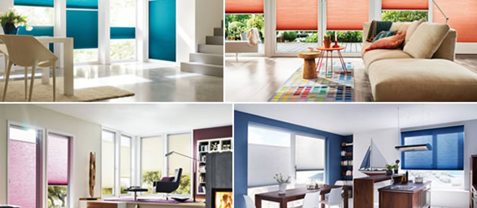 Variety of home interiors in varying colours fitted with Duette blinds for large windows