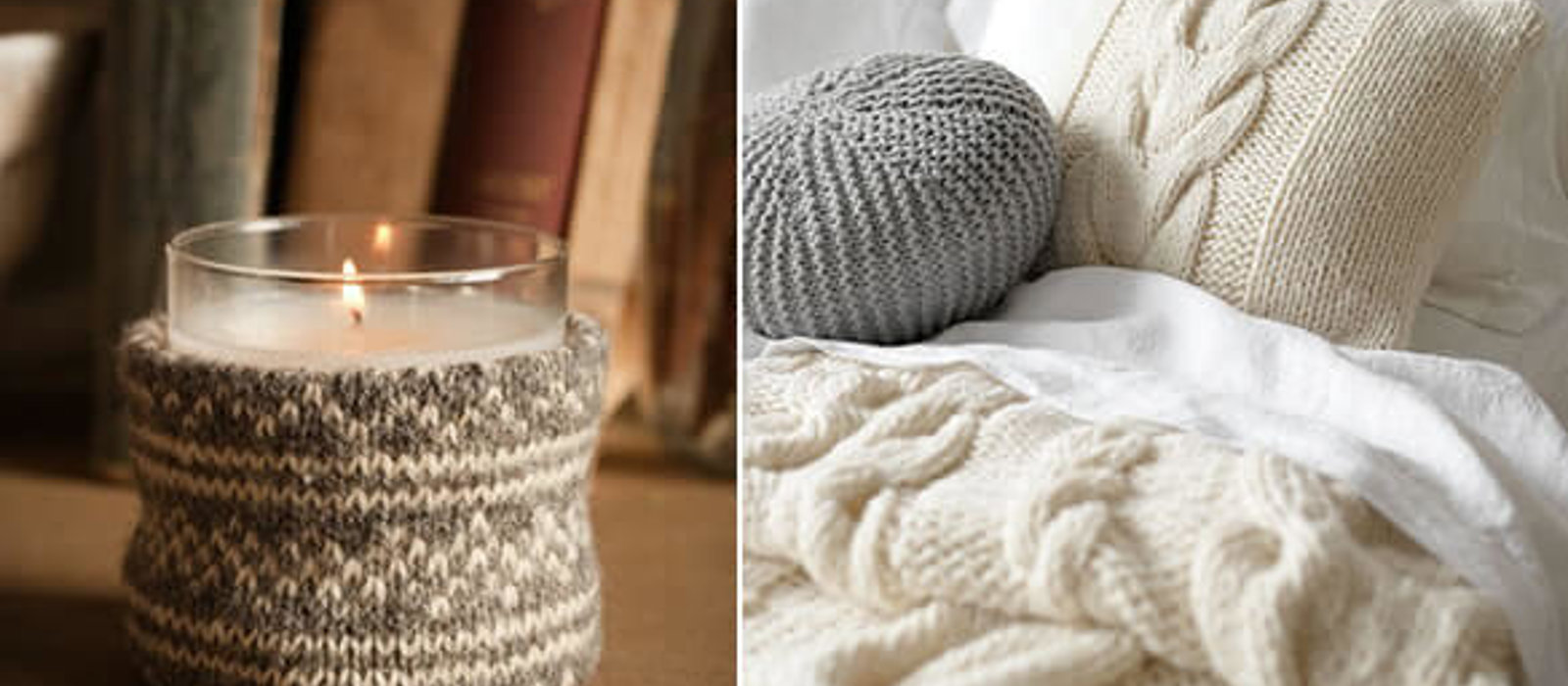 Close up of a candle and cosy bed with knitted throws and blankets