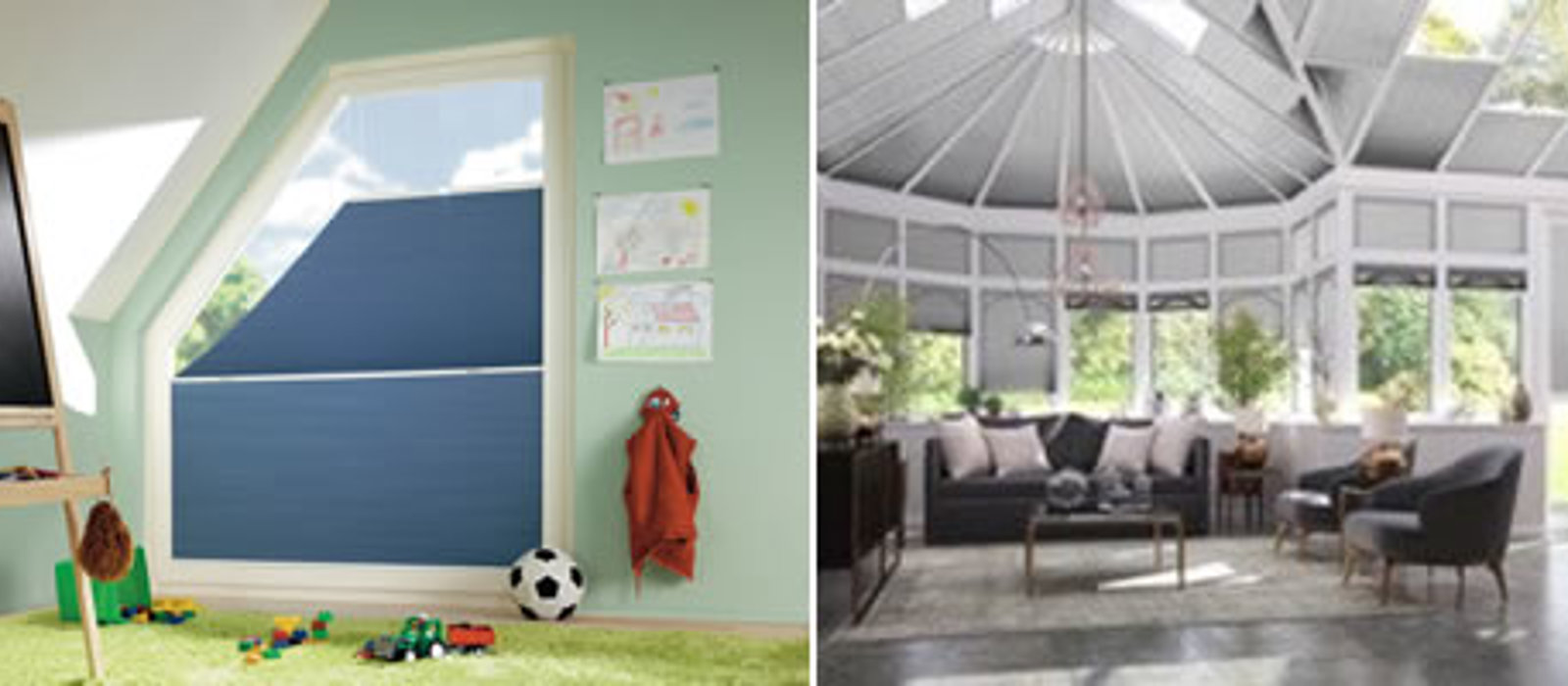 Unusual shaped windows in conservatory fitted with Duette blinds