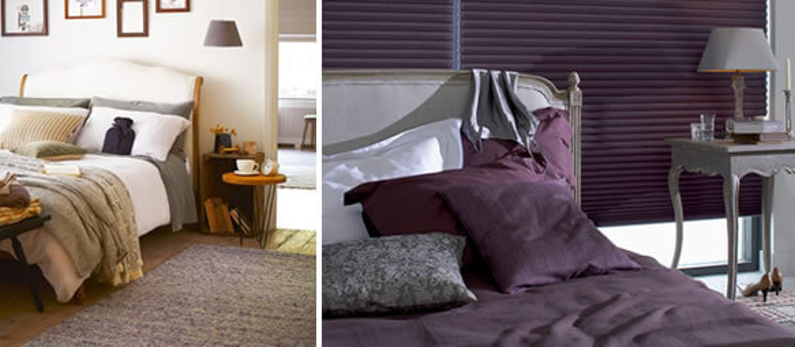 Collage of two cosy bedrooms in different colour schemes