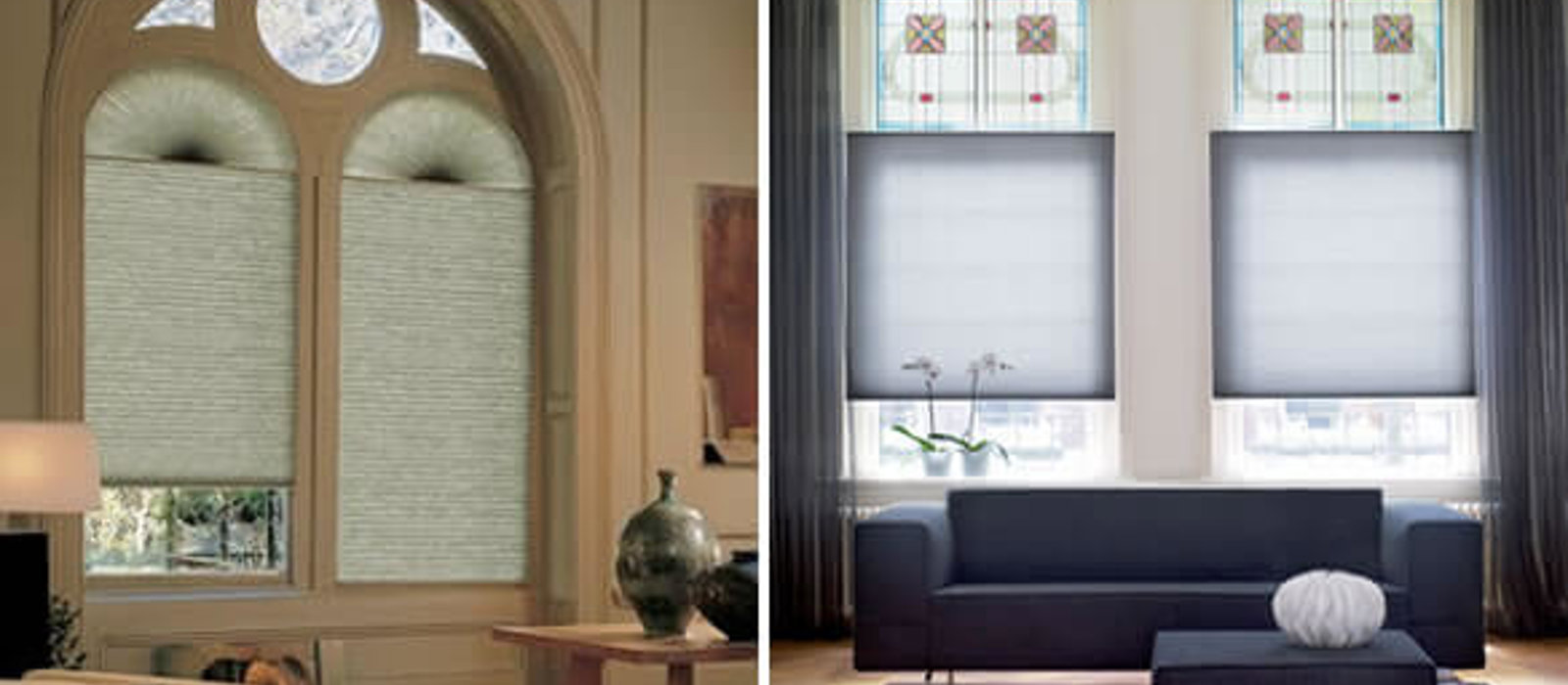 Large period windows in varying shapes fitted with Duette energy saving blinds