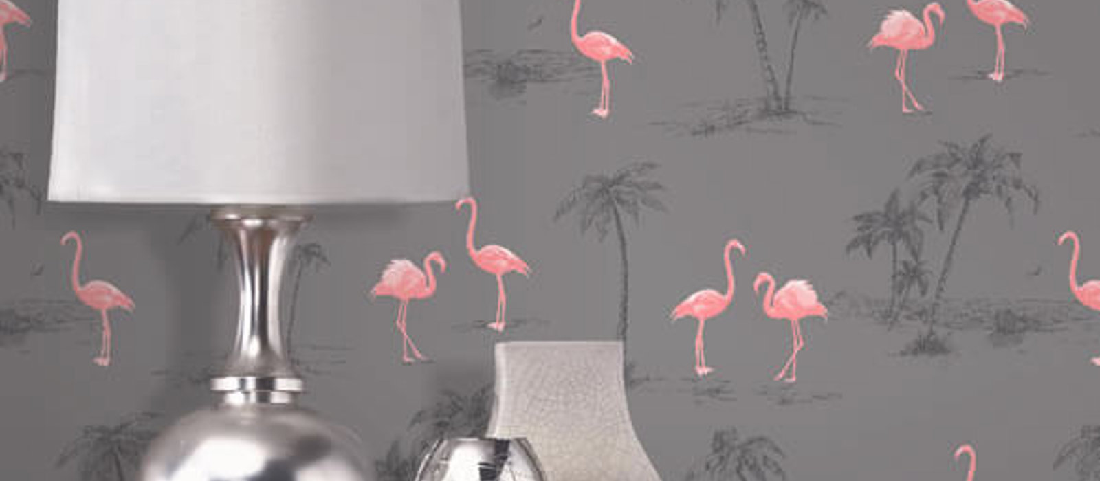 Wallpaper with pink flamingos in a neutral room